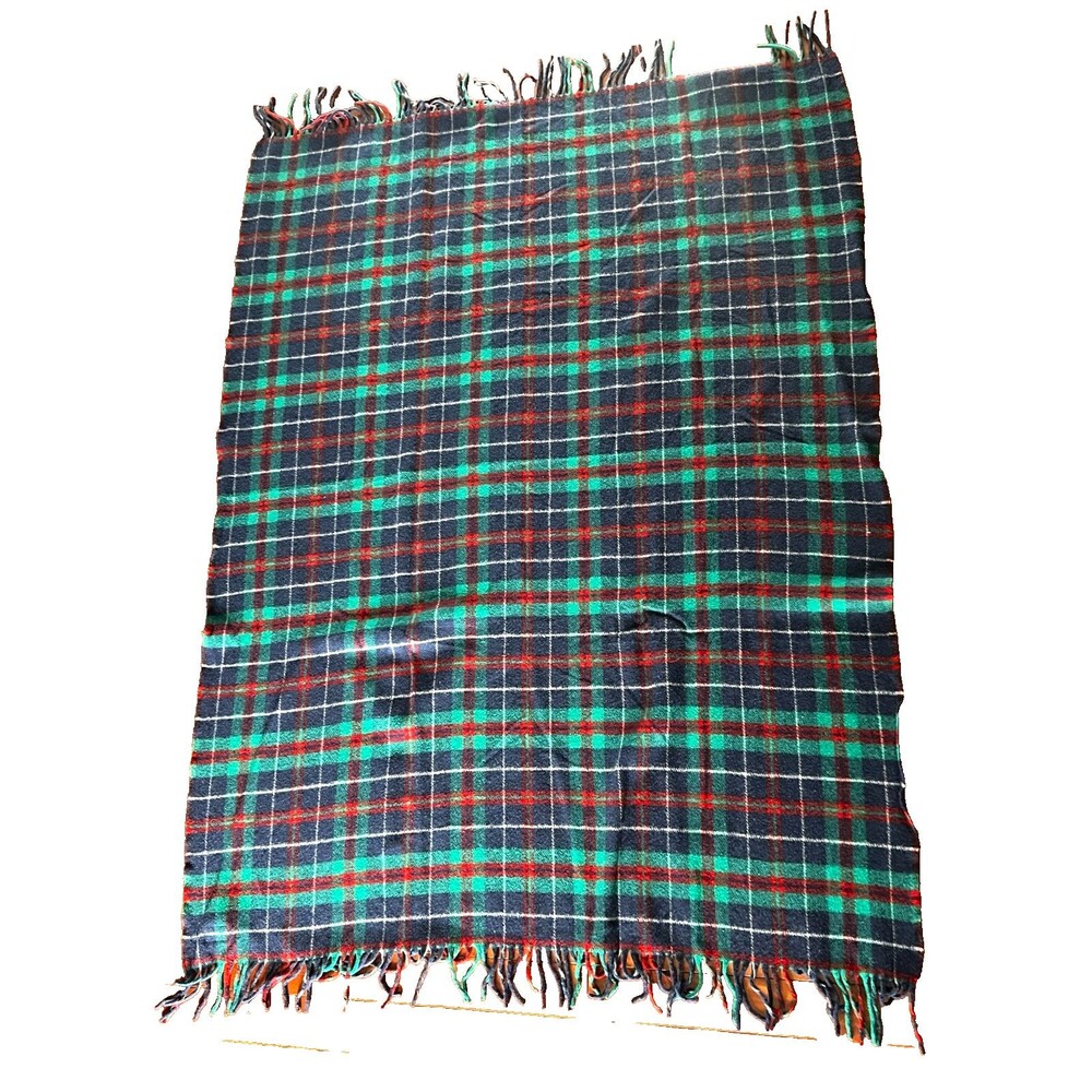 Pendleton 100% Wool Stadium Throw Blanket Green Blue Plaid Fringed 70”x 49”